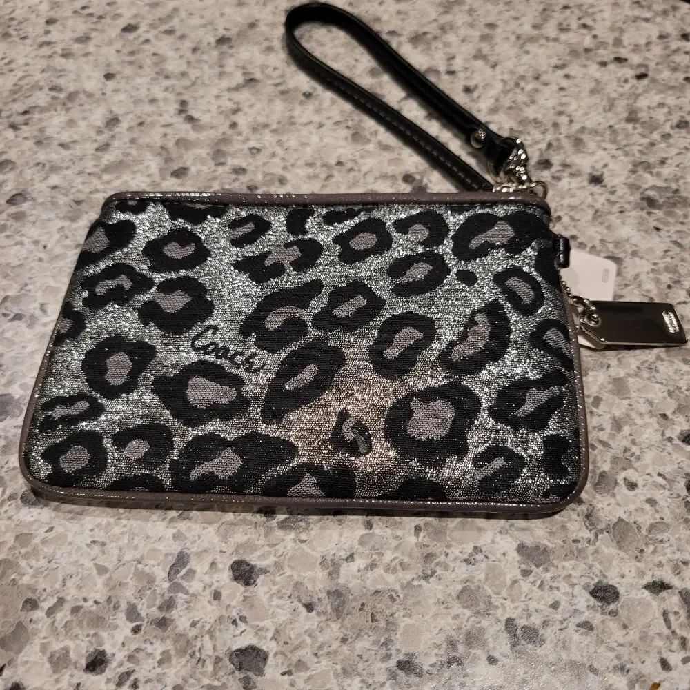 Coach Wristlet Leopard Print Silver Gray Sparkle New
